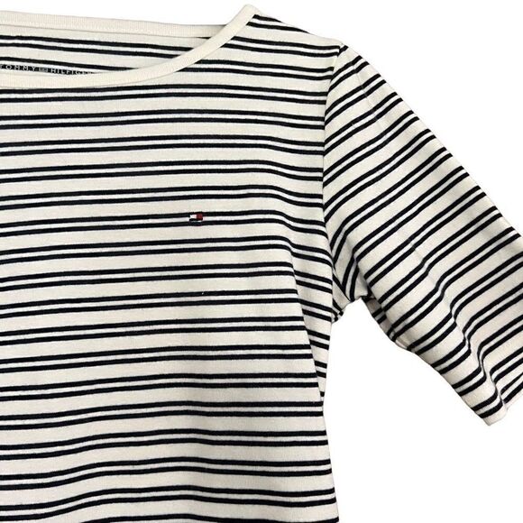 TOMMY HILFIGER White & Navy Blue Striped Short Sleeve Blouse Size S - Picture 3 of 4